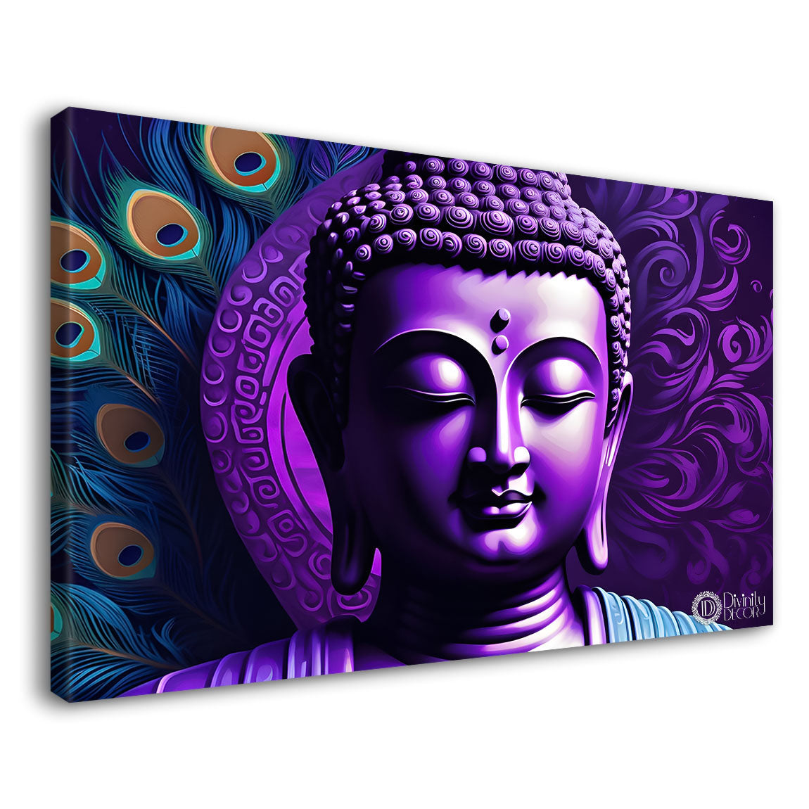 Purple buddha with the peacock feathers background textured painting Canvas Wall Painting - Buddha-444