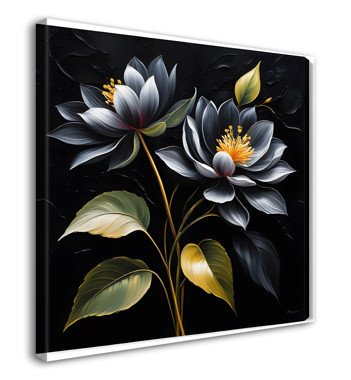 Blue flowers in black textured oil painting  - Flower-S-444