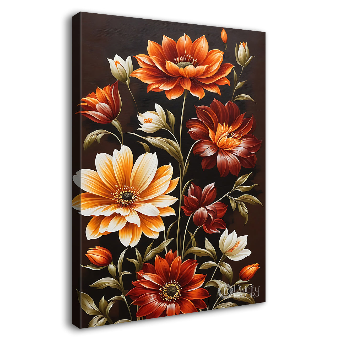 Orange and white flowers in brown textured painting- Flower-V-444