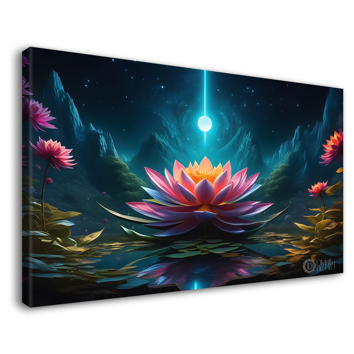 Pink flowers with blue and background canvas painting- Flower-444