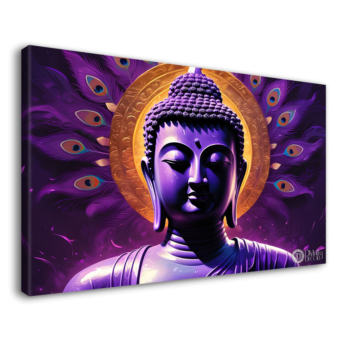 Purple buddha with the peacock feathers background textured painting Canvas Wall Painting - Buddha-445