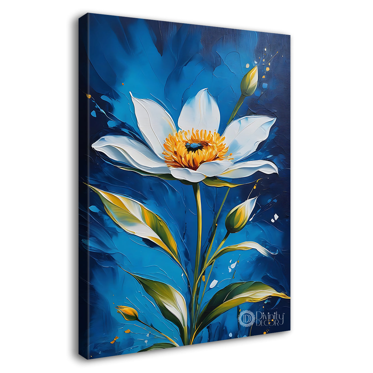 White flower in blue textured painting- Flower-V-445