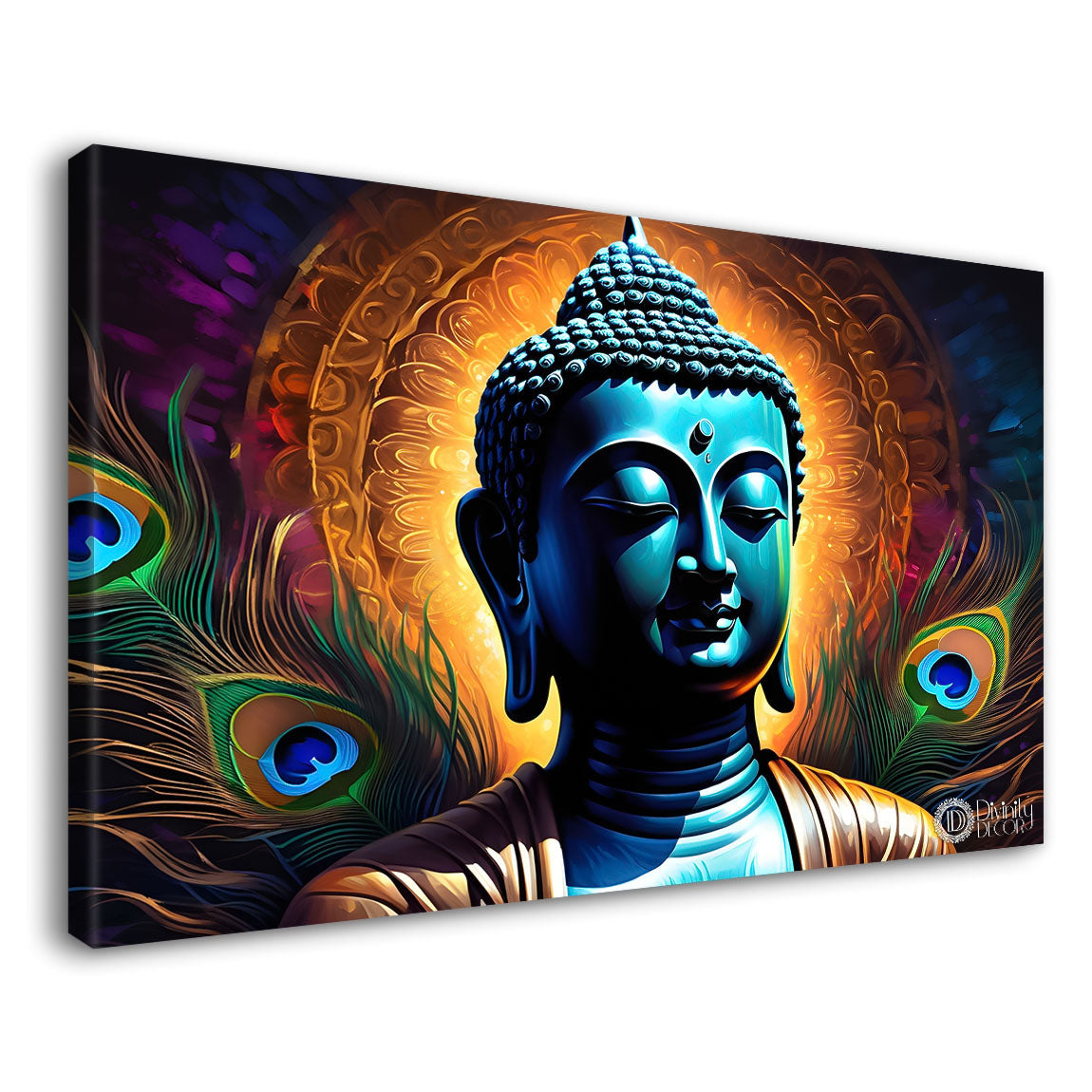 Blue buddha with the peacock feathers background textured painting textured painting Canvas Wall Painting - Buddha-446