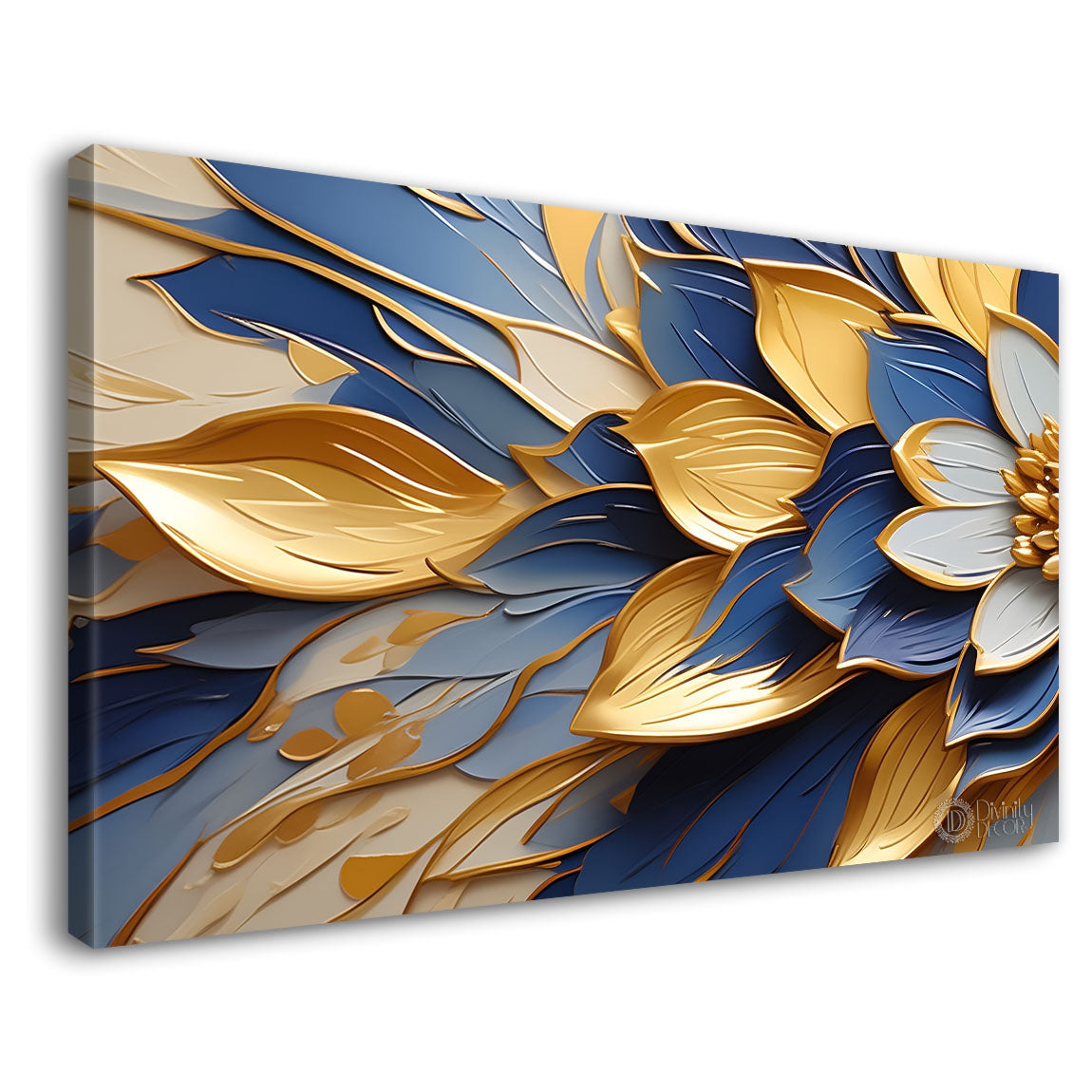 Golden and blue textured flower canvas painting- Flower-446