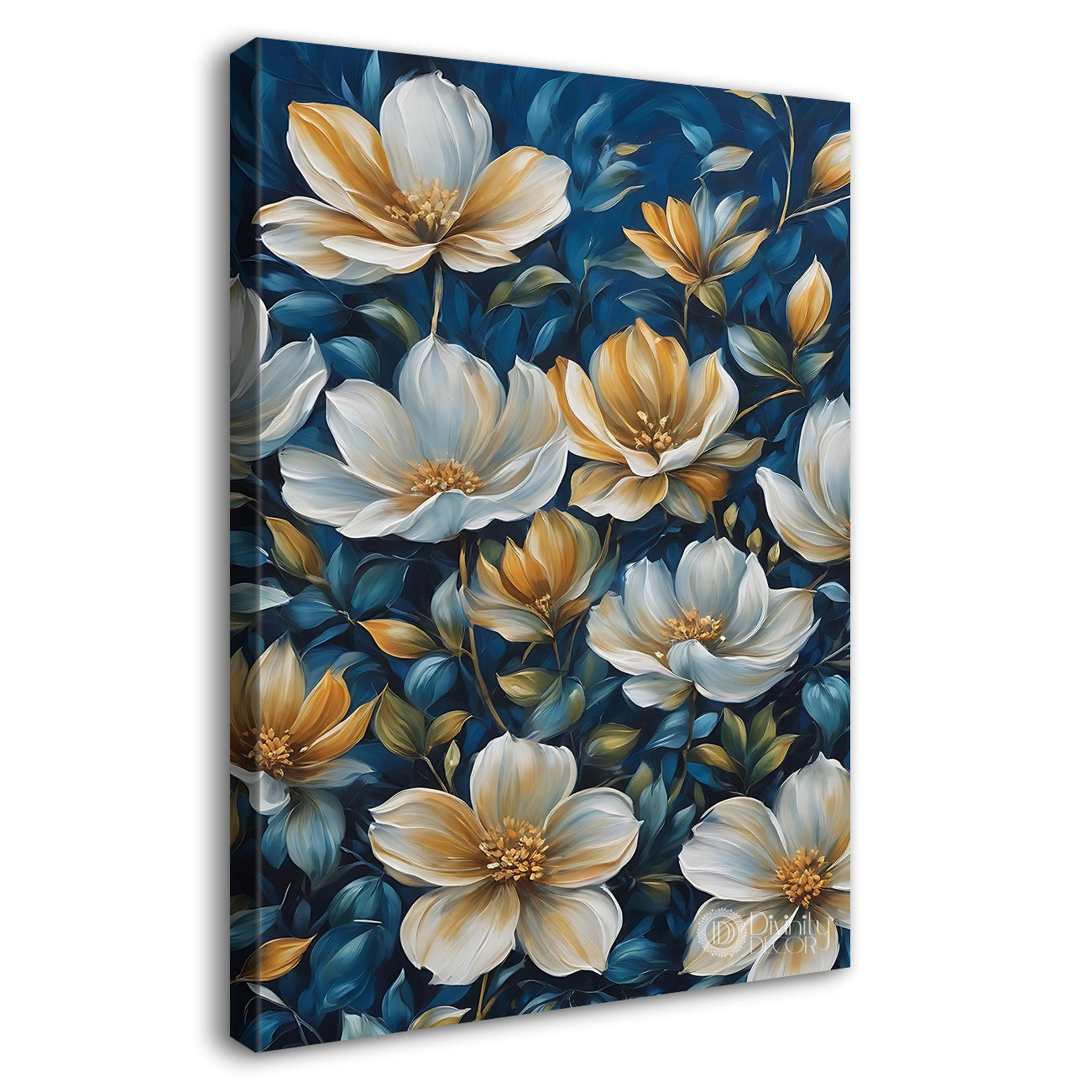 White flowers in blue textured painting- Flower-V-446