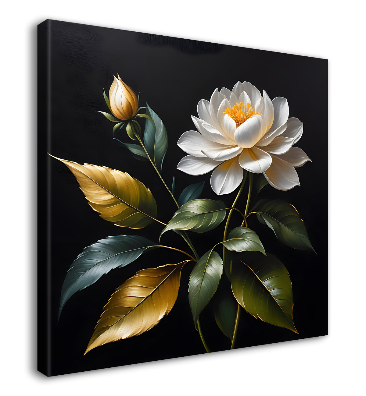 White flower in black textured oil painting - Flower-S-446