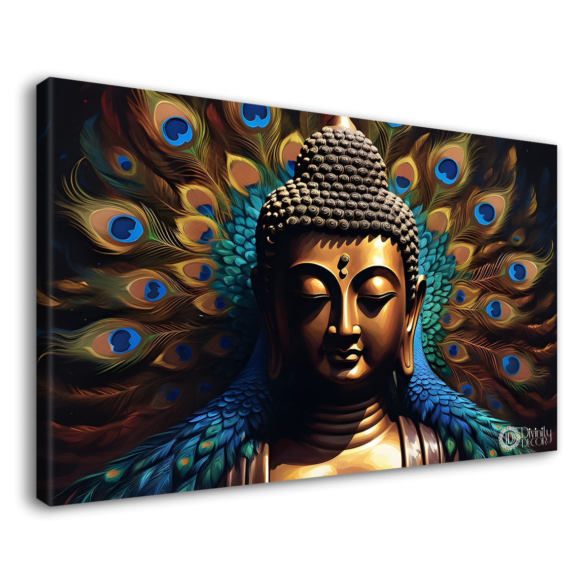 Golden buddha with the peacock feathers background textured painting textured painting Canvas Wall Painting - Buddha-447