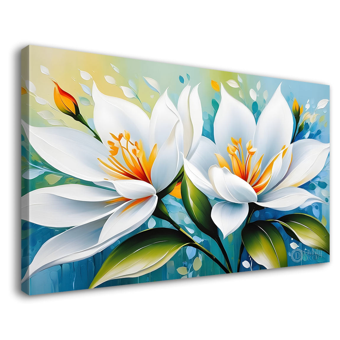 White flowers in blue background canvas painting- Flower-447