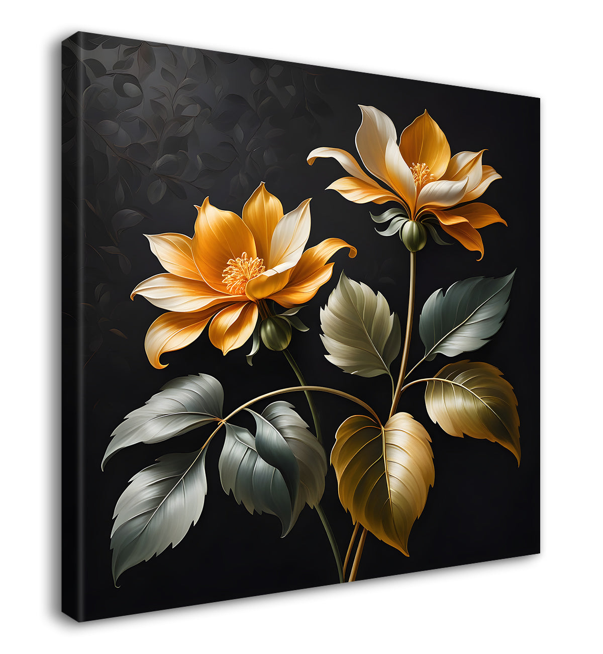 Yellow flower in black textured oil painting - Flower-S-447