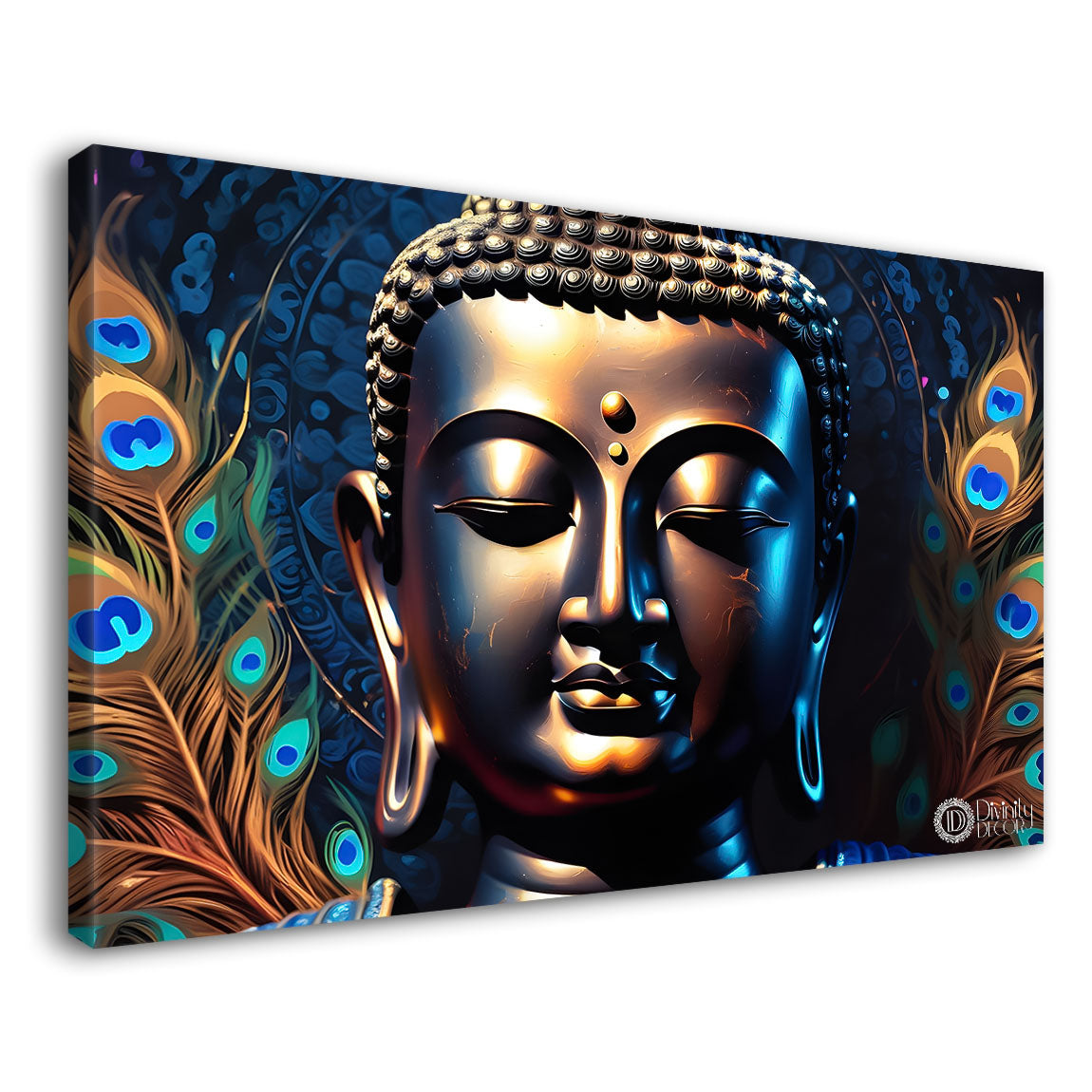 Golden buddha with the peacock feathers background textured painting Canvas Wall Painting - Buddha-448