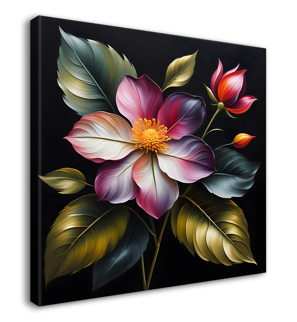 Pink flower in black textured oil painting - Flower-S-448