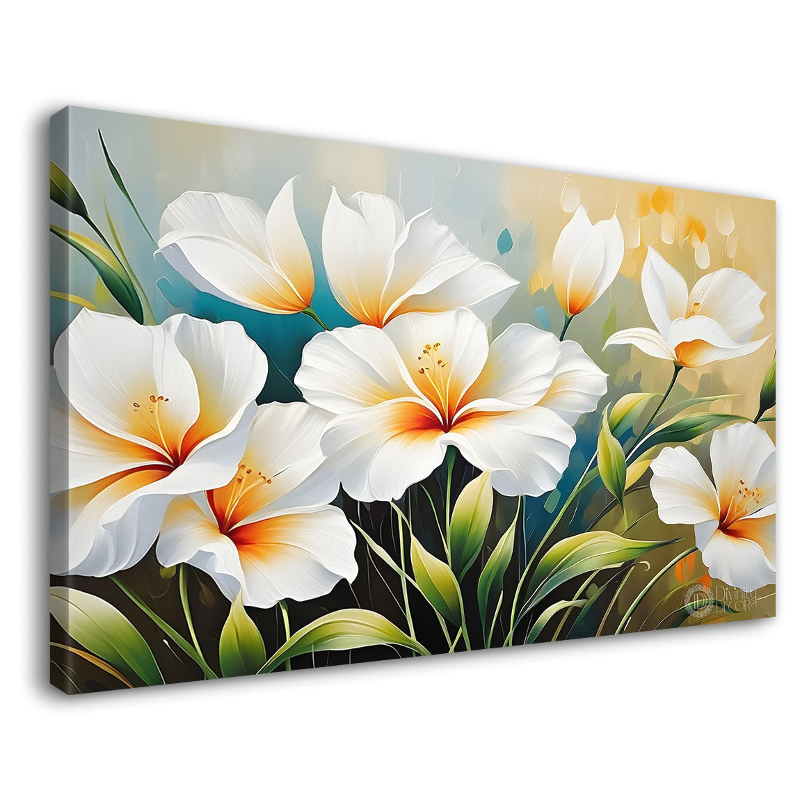 White flowers in blue background canvas painting- Flower-449