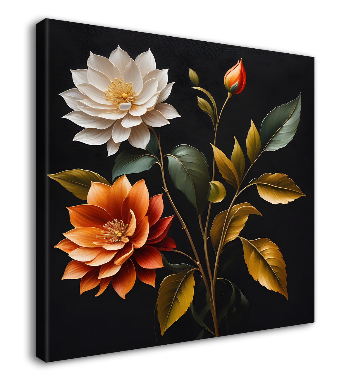 Colourful flower in black textured oil painting - Flower-S-449