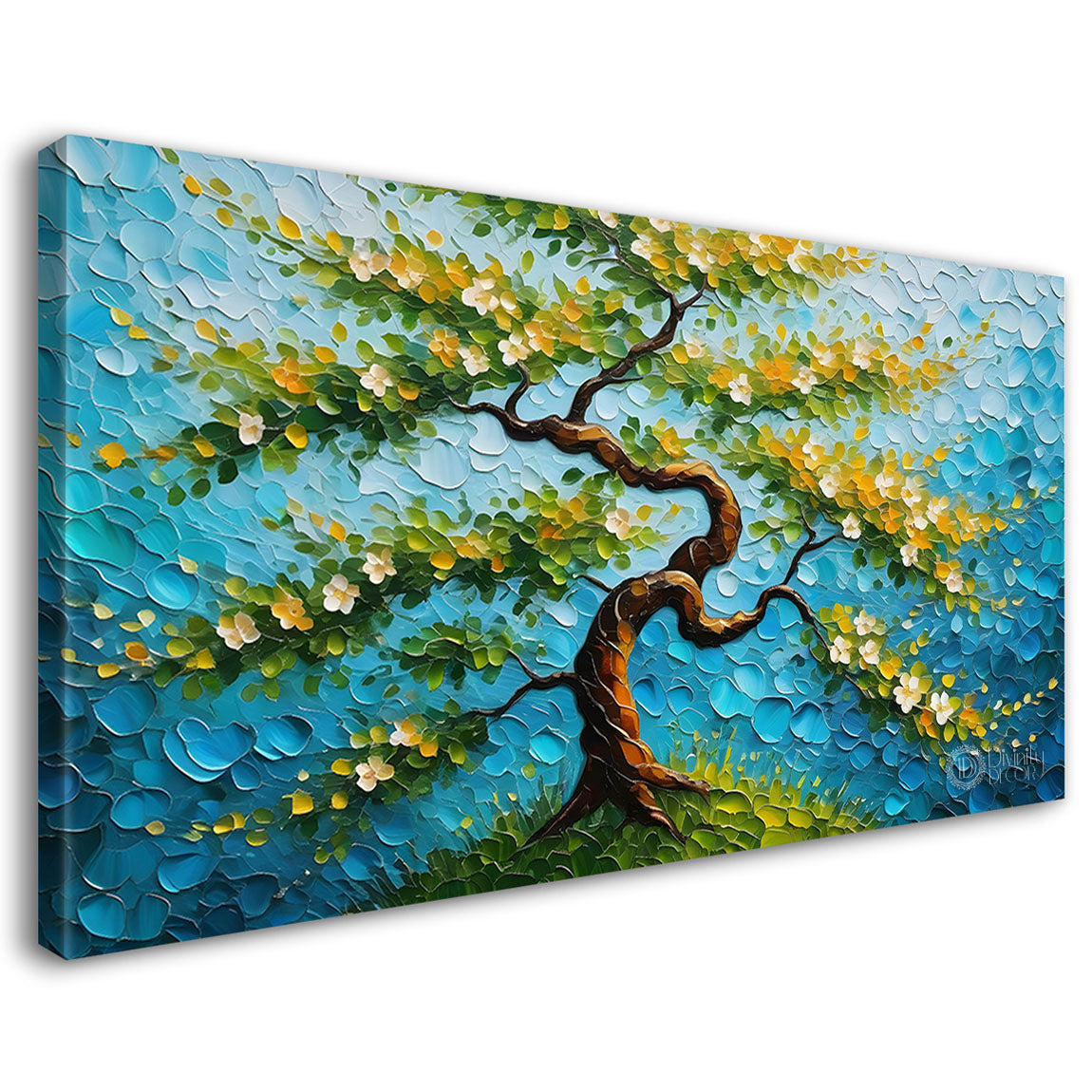 White flower tree in textured background oil painting Canvas Painting - Design - Tree-44