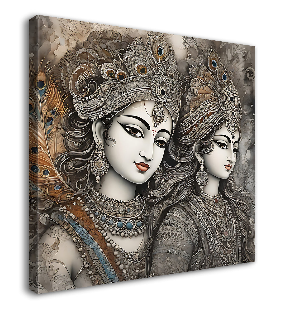 Krishna and Radha with grey and brown textured oil  Canvas Painting 24X24- Design - Krishna-S-44