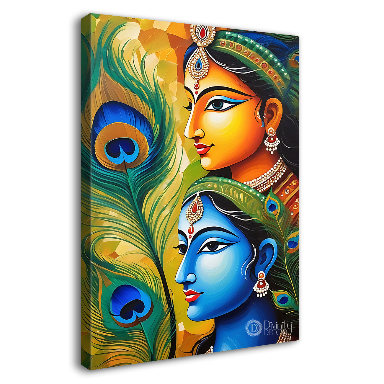 Blue face of krishna with radha in peacock feathers background textured art Canvas Painting - Design - Krishna-V-44