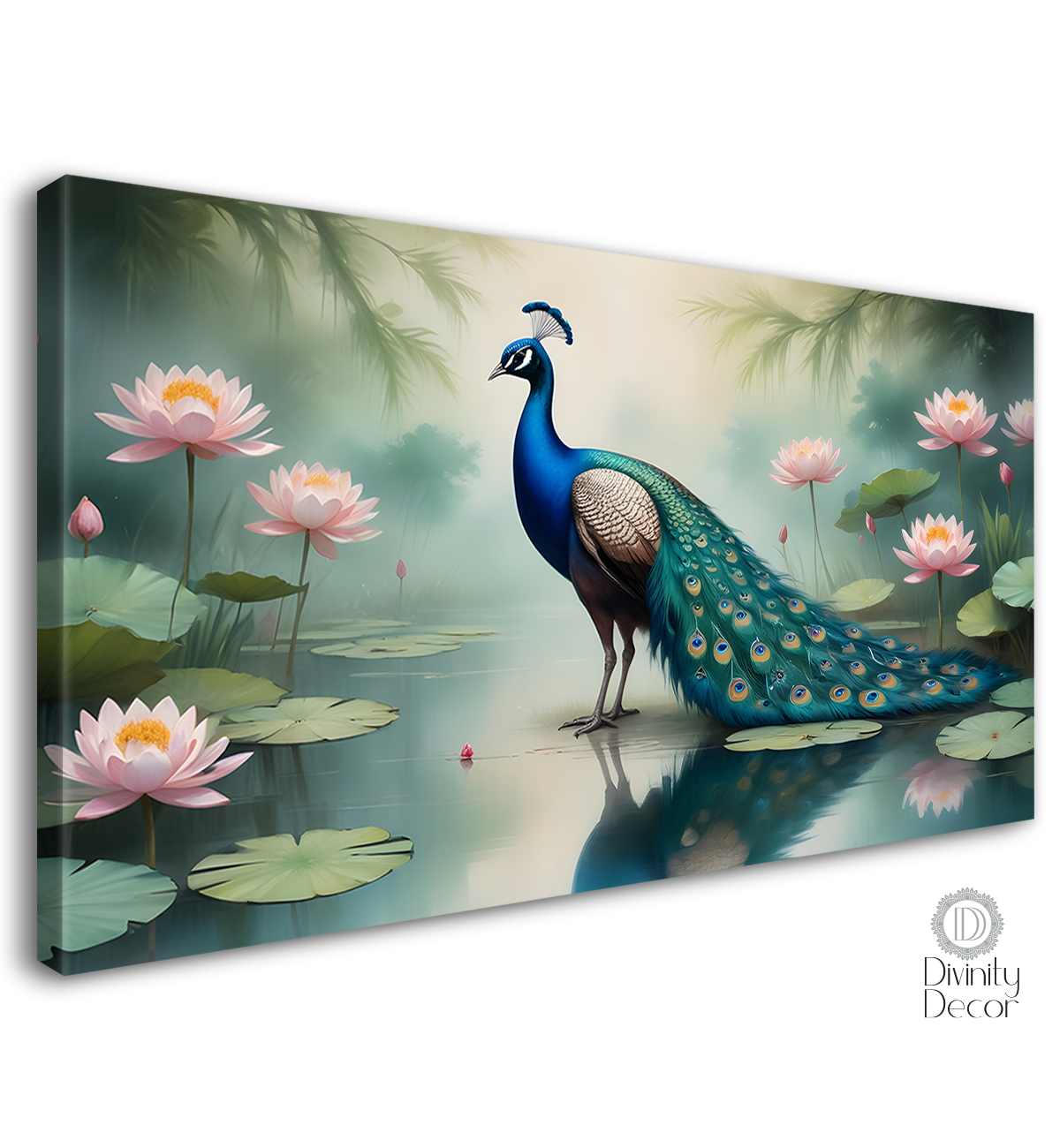 Peacock with lotus and green background textured art.- Design - Animal -44