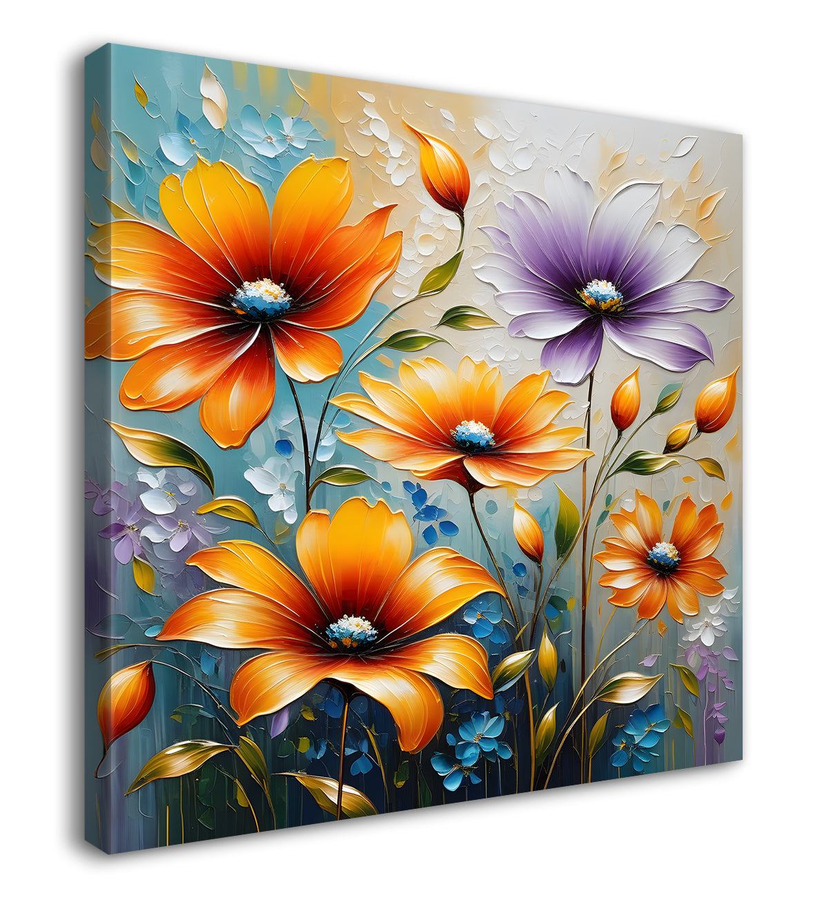 Yellow flowers in blue background textured painting - Flower-S-44
