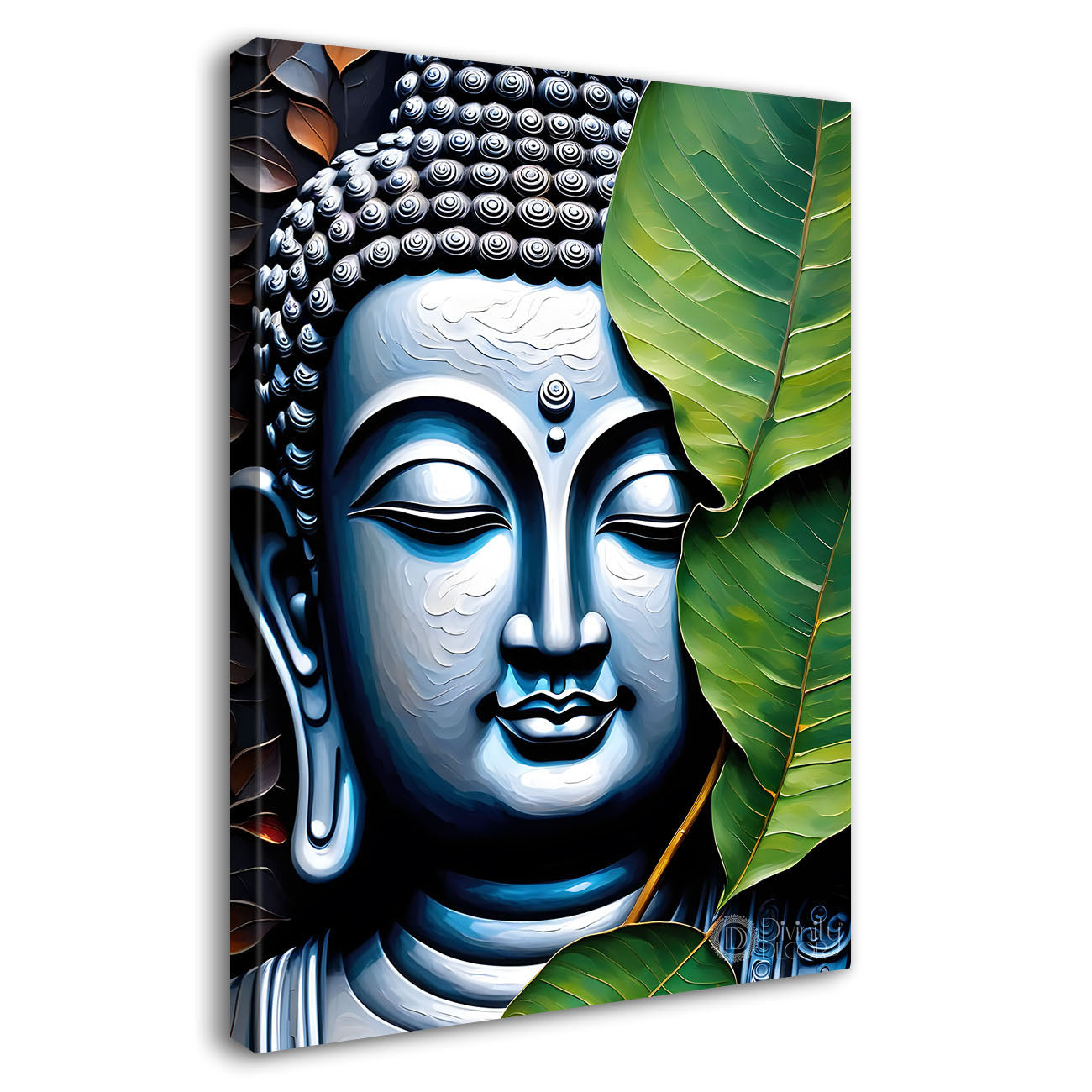 Blue buddha face with green leaves background textured painting- Buddha-V-44