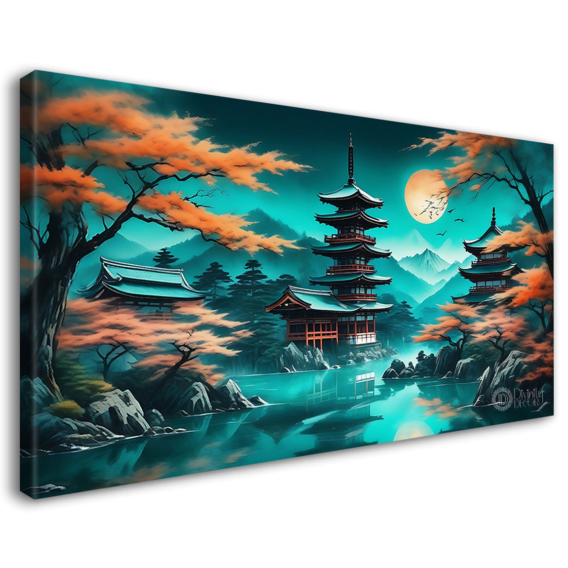 Japanese temple with orange trees in aqua green background in textured natural art Canvas Painting - Nature Art -44