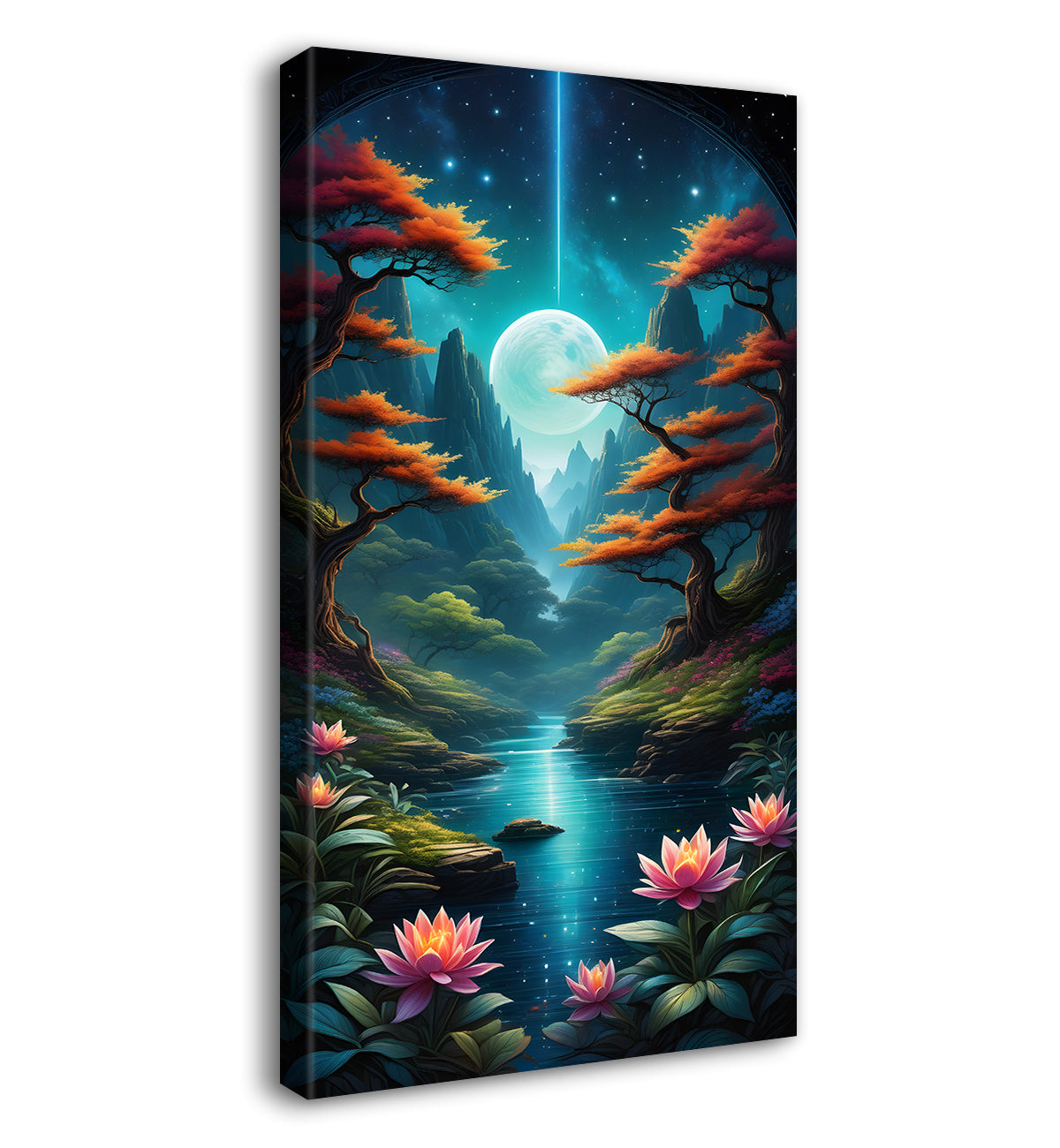 Orange treeswith lake and lotusin night background textured painting Canvas Painting - Nature Art -V-44