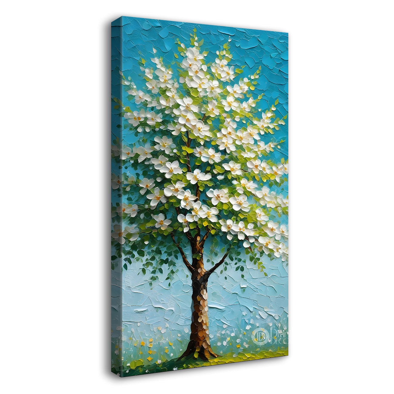White flowers tree in textured oil painting Canvas painting - Tree-V-44