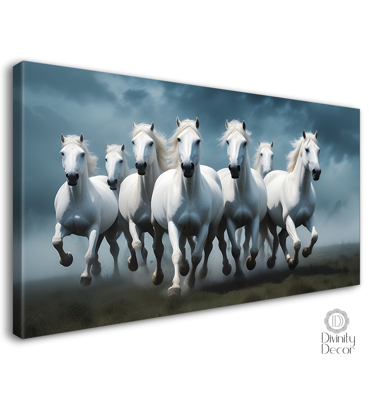 White running horses on the grass in grey textured background art Canvas Painting - Design - Horse-45