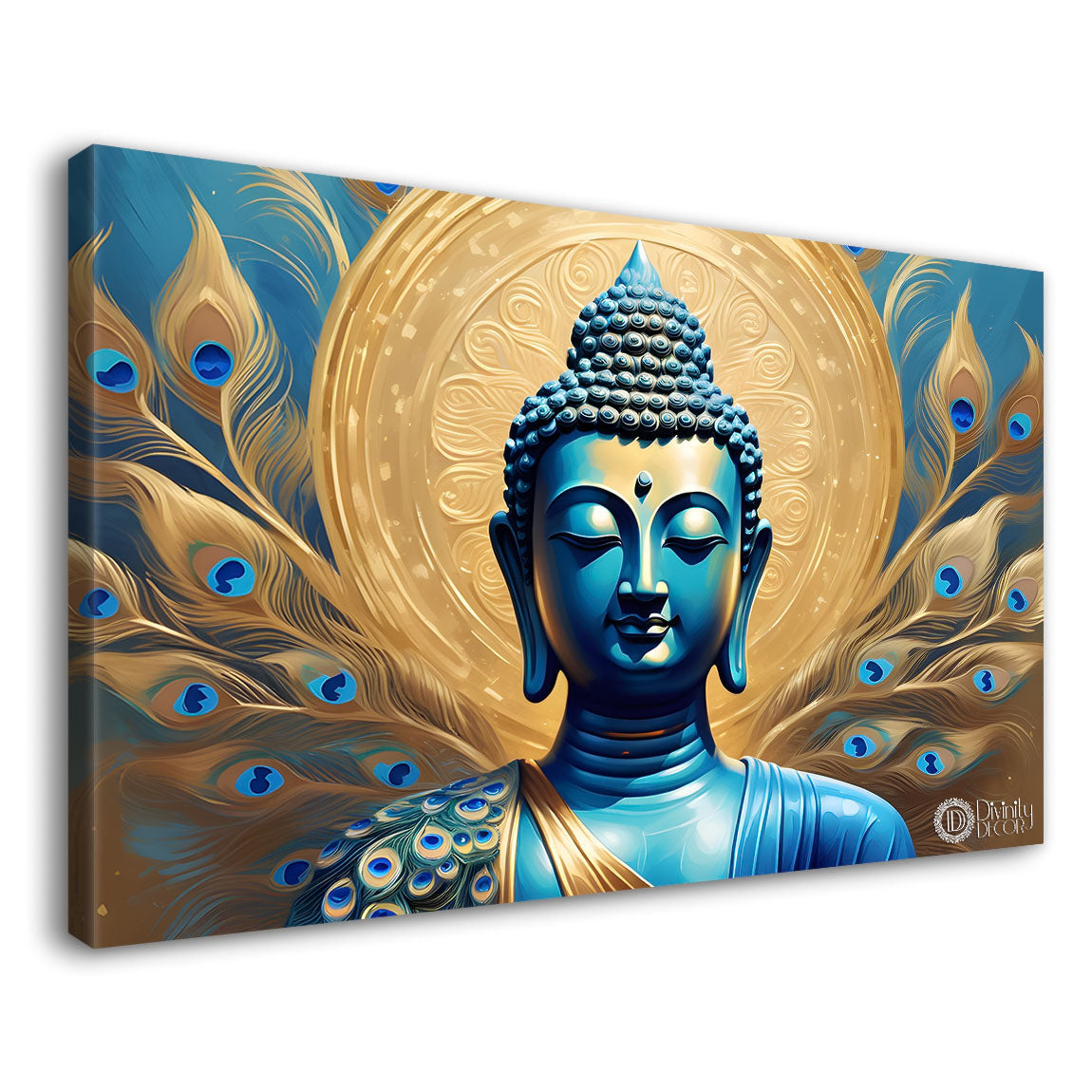 Blue buddha with the peacock feathers background textured painting Canvas Wall Painting - Buddha-450