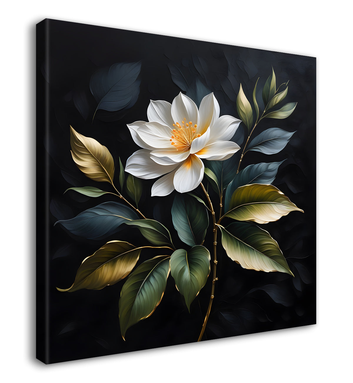 White flower in black textured oil painting - Flower-S-450