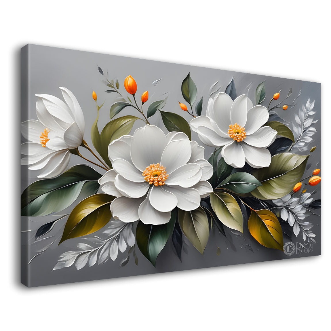 White flowers in grey background canvas painting- Flower-450