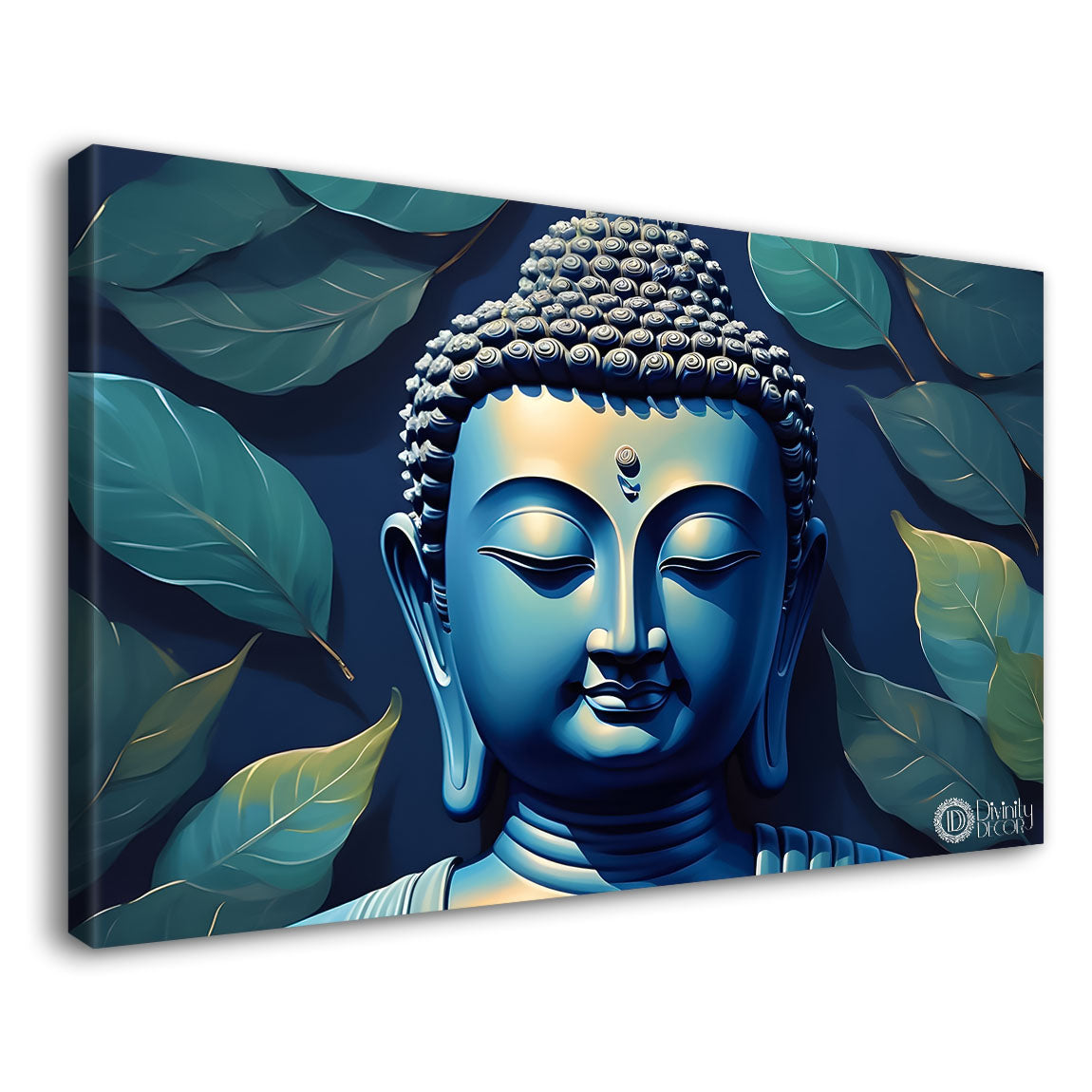 Blue buddha with the leaves background textured painting Canvas Wall Painting - Buddha-451