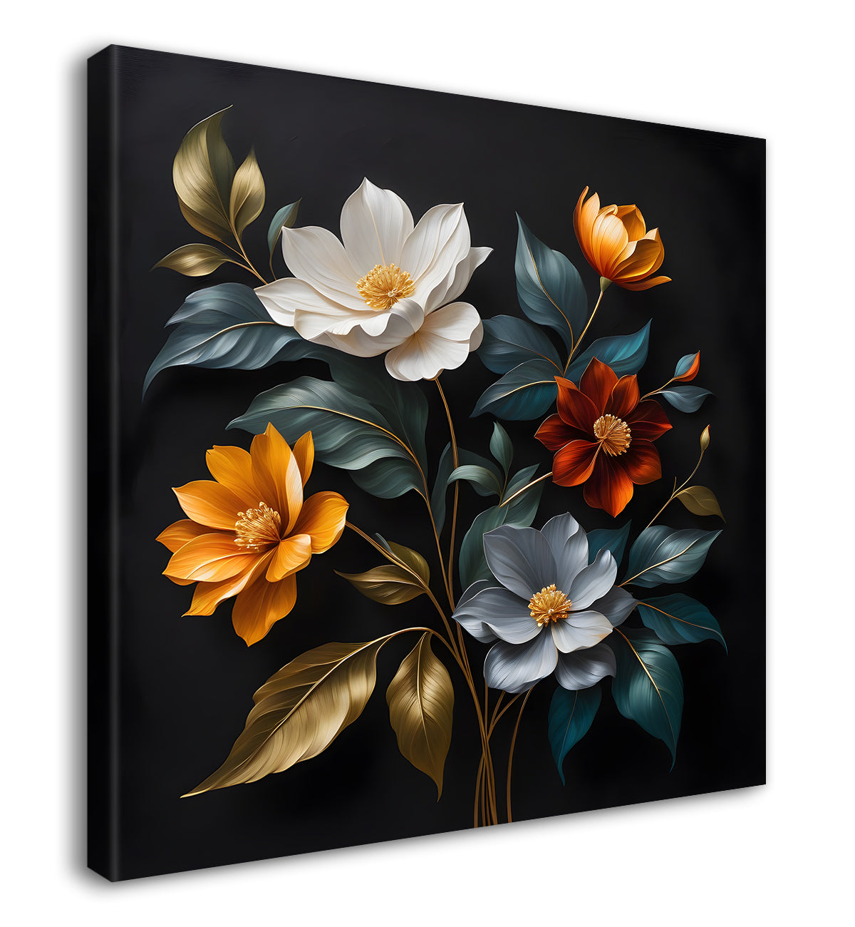Colourful flower in black textured oil painting - Flower-S-451