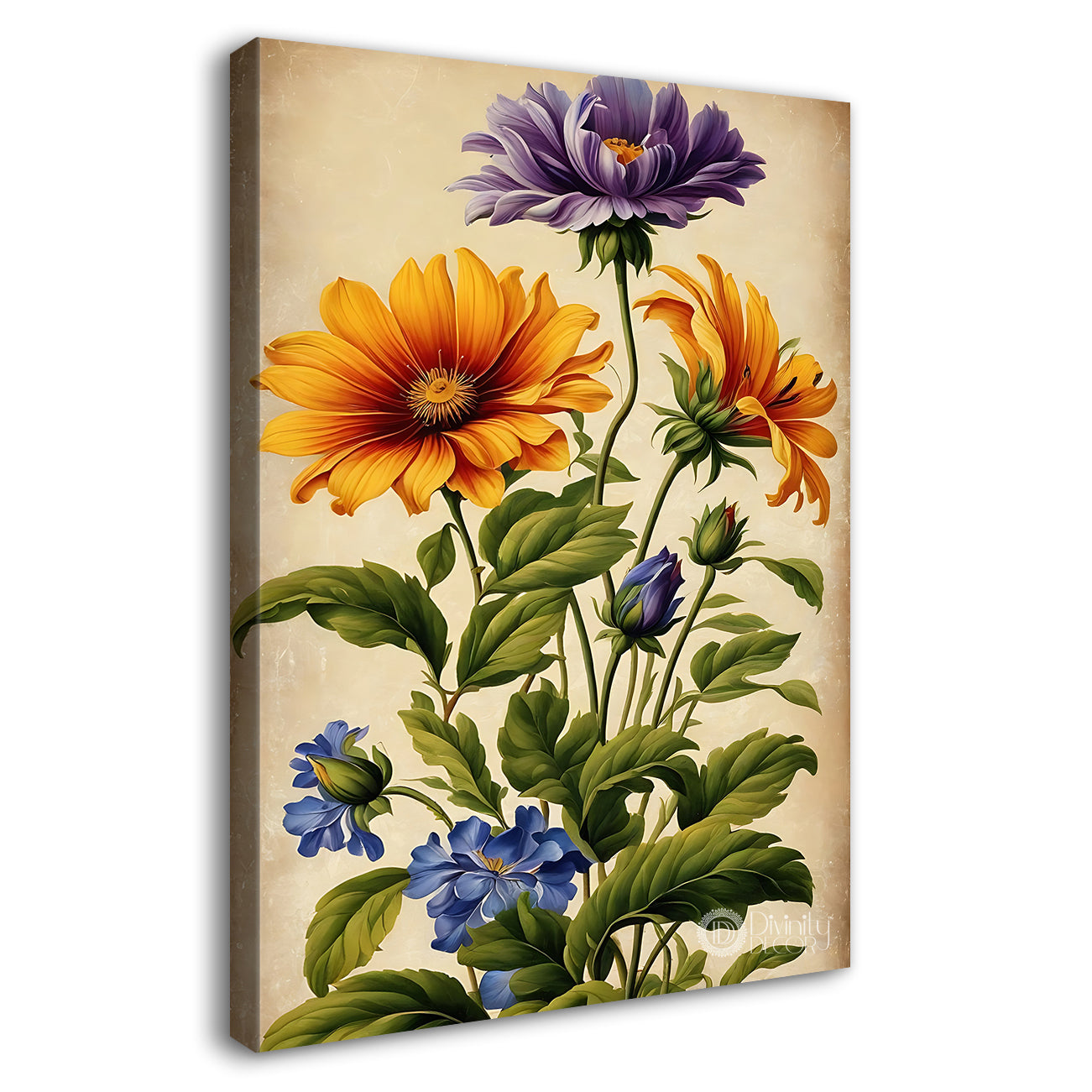 Yellow and purple flowers in light background painting - Flower-V-451