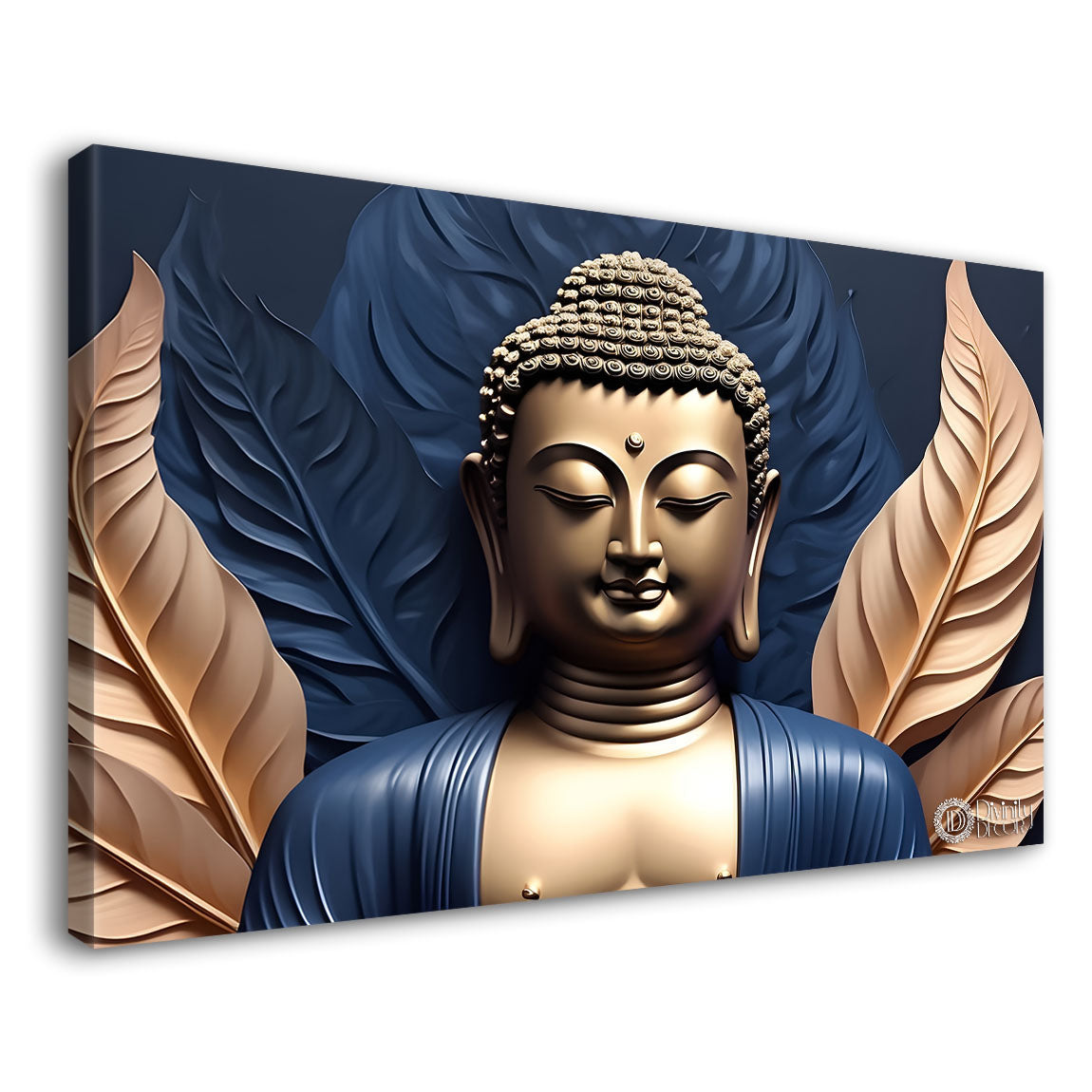 Golden buddha with the blue and golden leaf background textured painting Canvas Wall Painting - Buddha-452