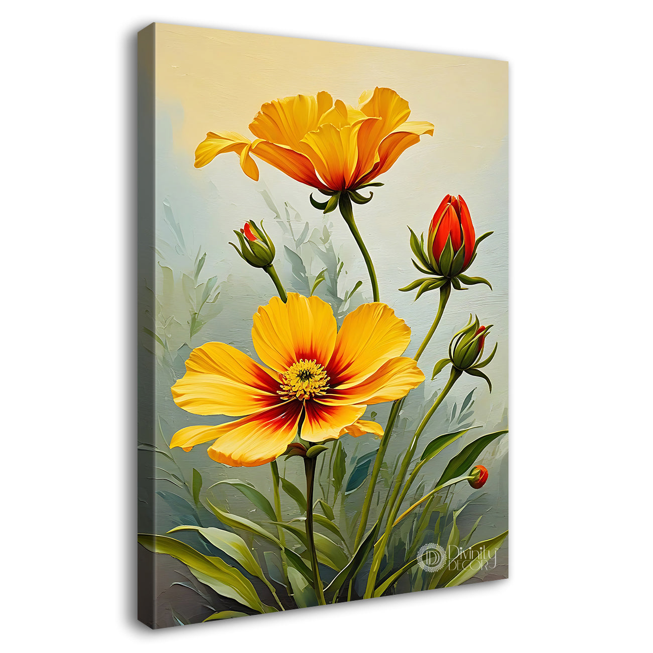 Yellow flowers in grey textured background painting - Flower-V-452