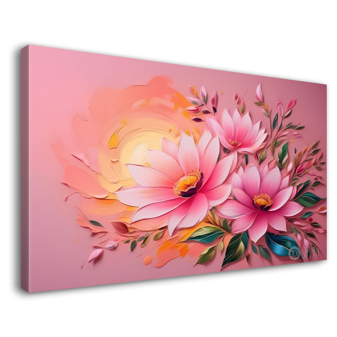 Pink flowers with sun and pink background canvas painting- Flower-452