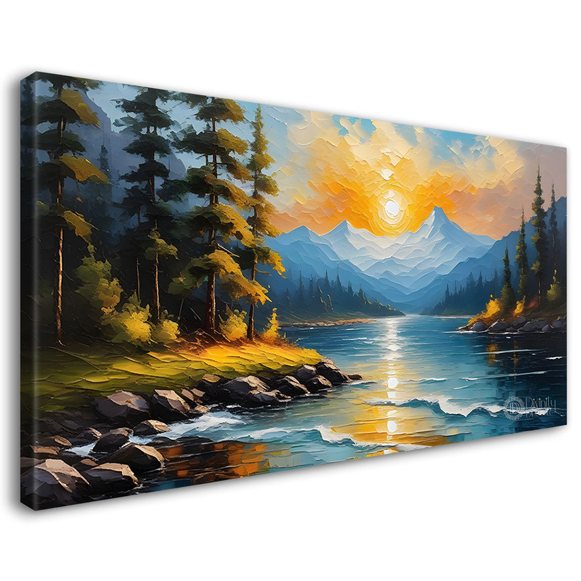 Mountains with trees and river in textured painting Canvas Painting - Nature Art -453
