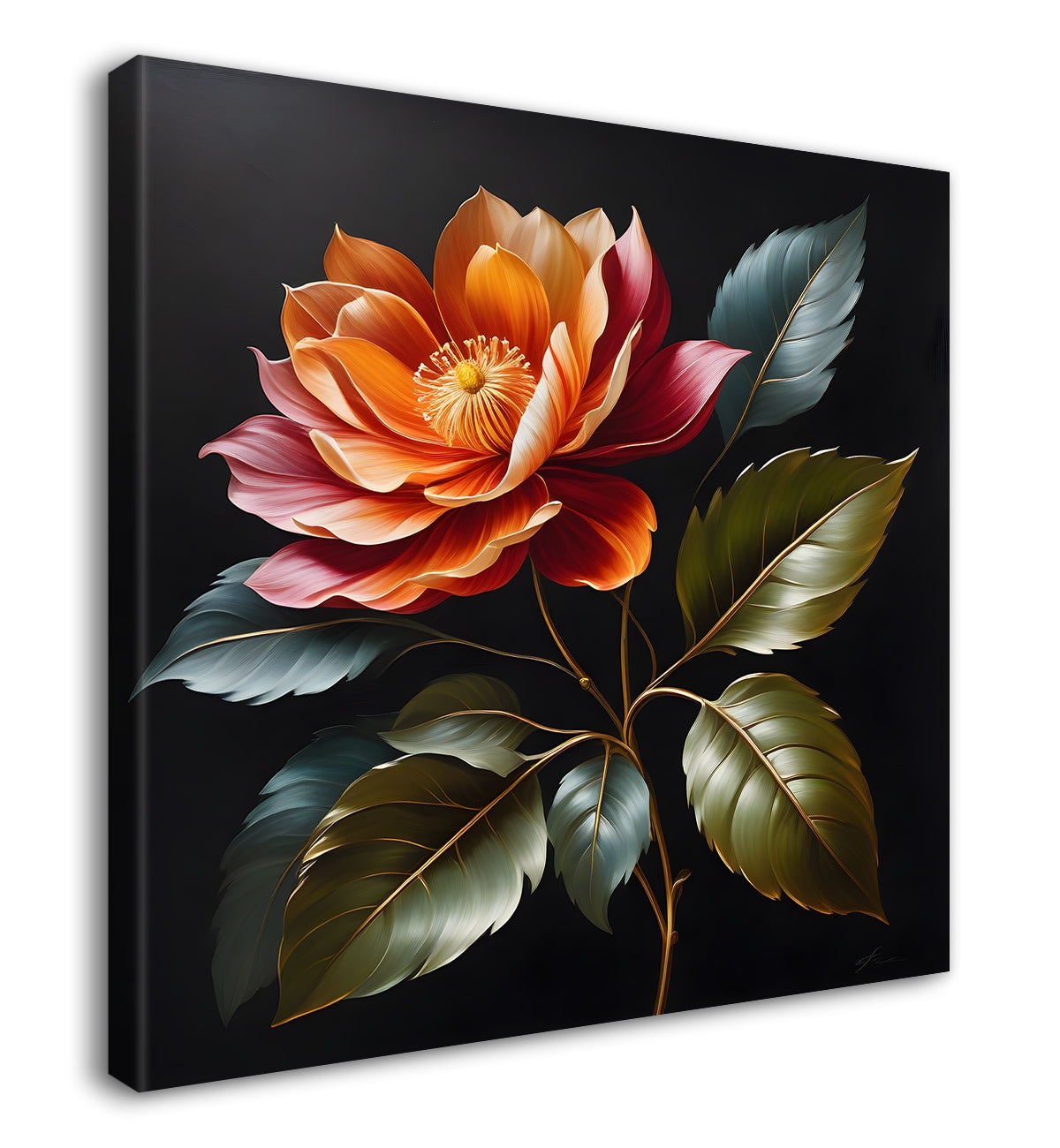 Pink flower in black textured oil painting - Flower-S-453