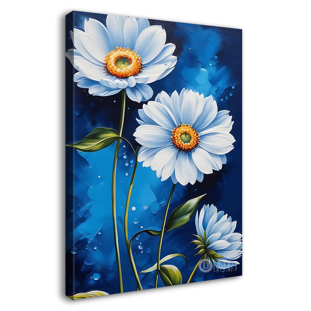 White flowers in navy blue background painting- Flower-V-453