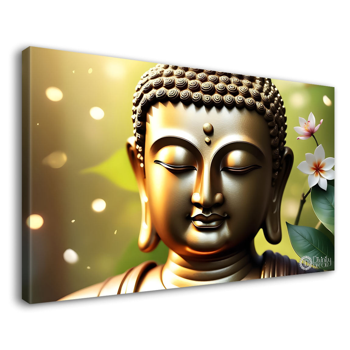 Golden buddha face with white flowers  background textured painting Canvas Wall Painting - Buddha-454