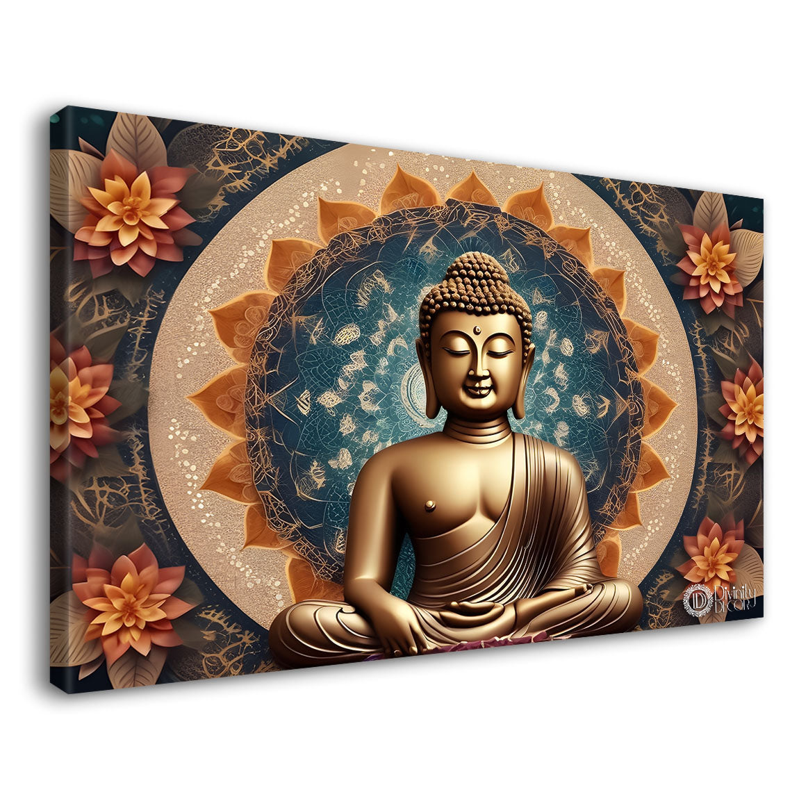 Golden buddha with orange flowers and chakra background textured painting Canvas Wall Painting - Buddha-455