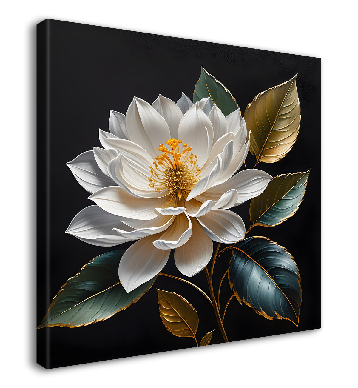 White flower in black textured oil painting - Flower-S-456