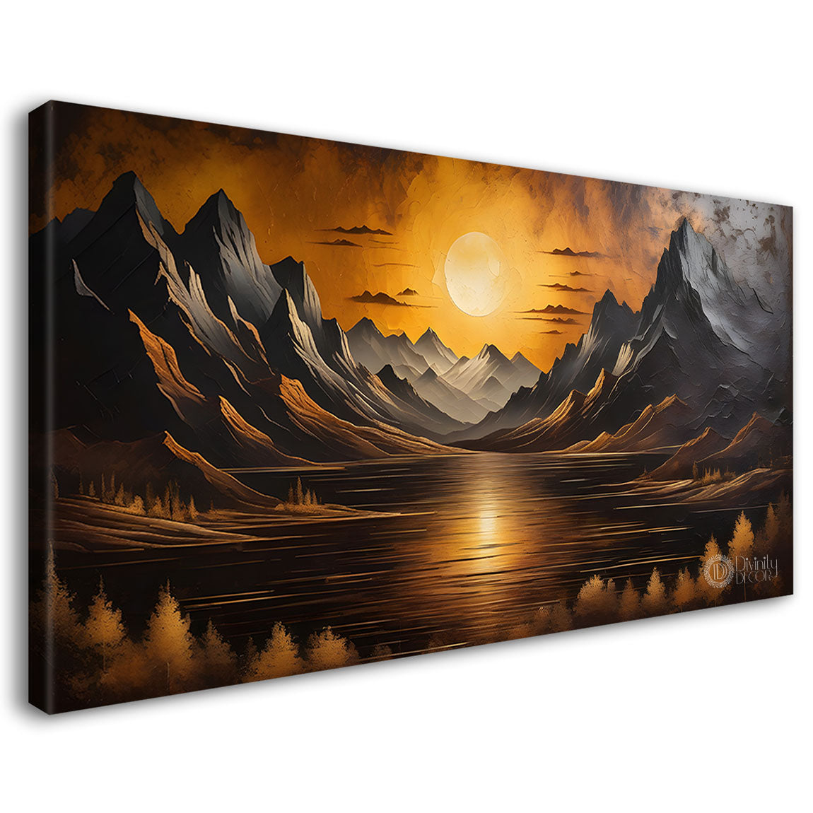 Mountains with sun in textured painting Canvas Painting - Nature Art -456
