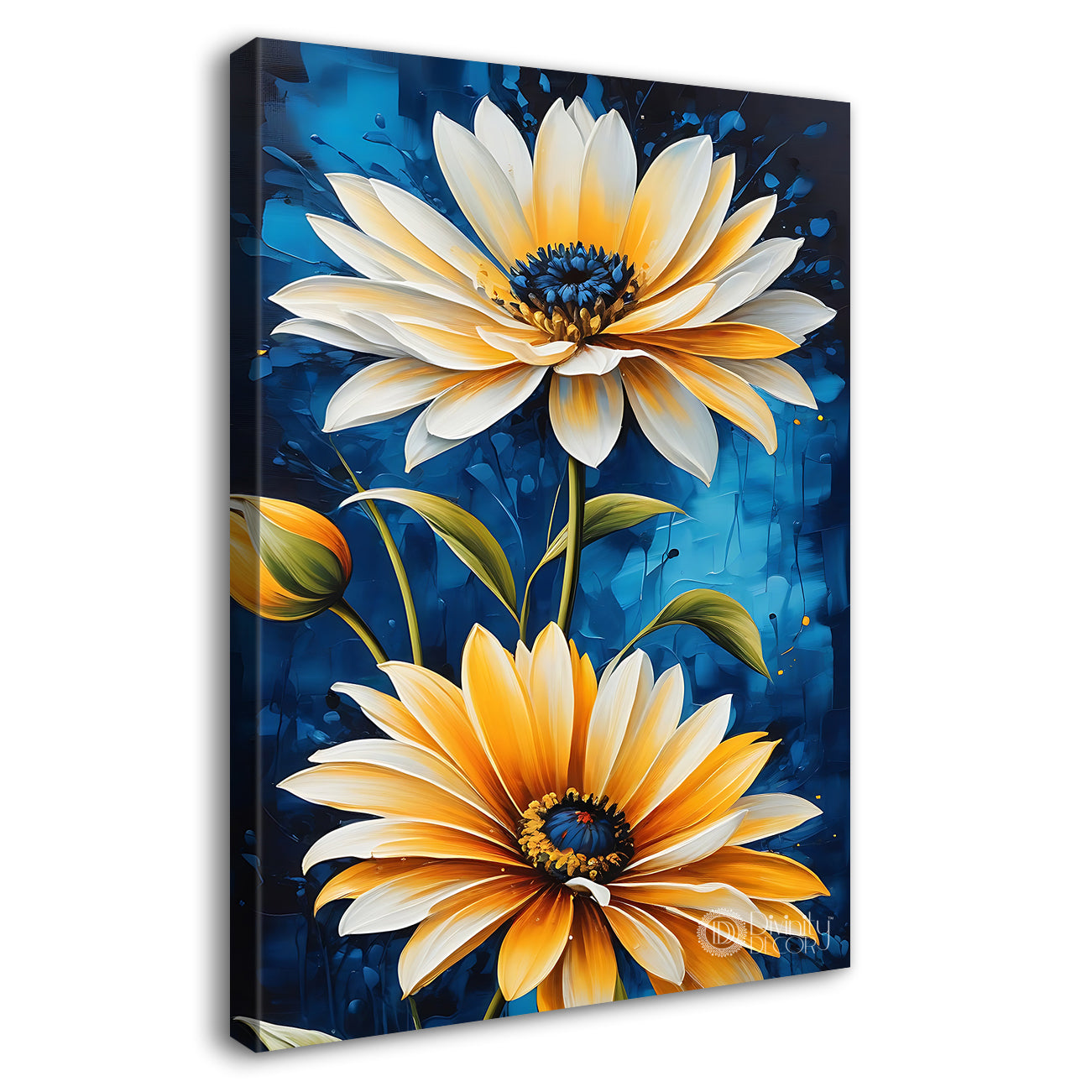 Yellow flowers in blue background painting- Flower-V-456