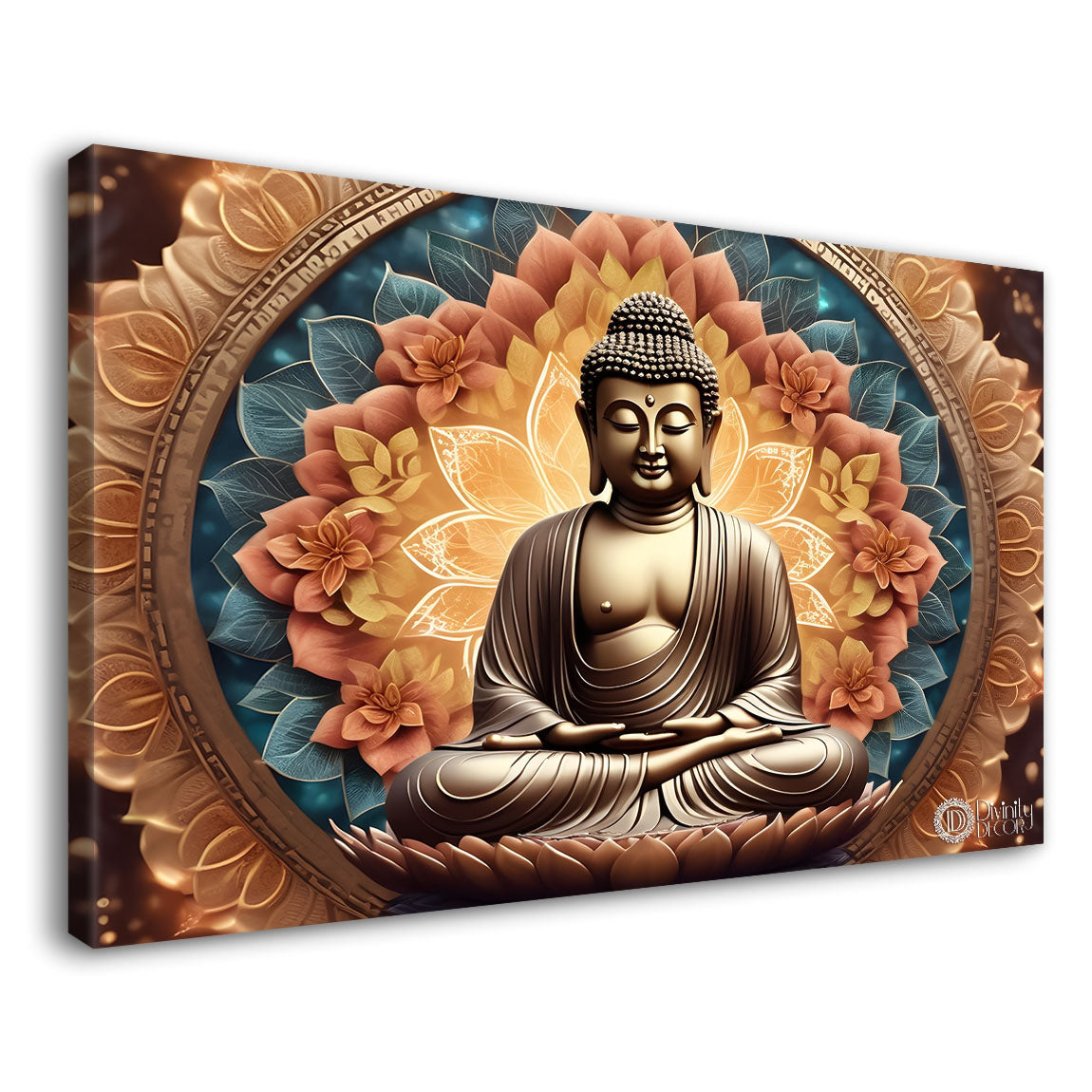 Golden buddha with orange flowers and chakra background textured painting Canvas Wall Painting - Buddha-457