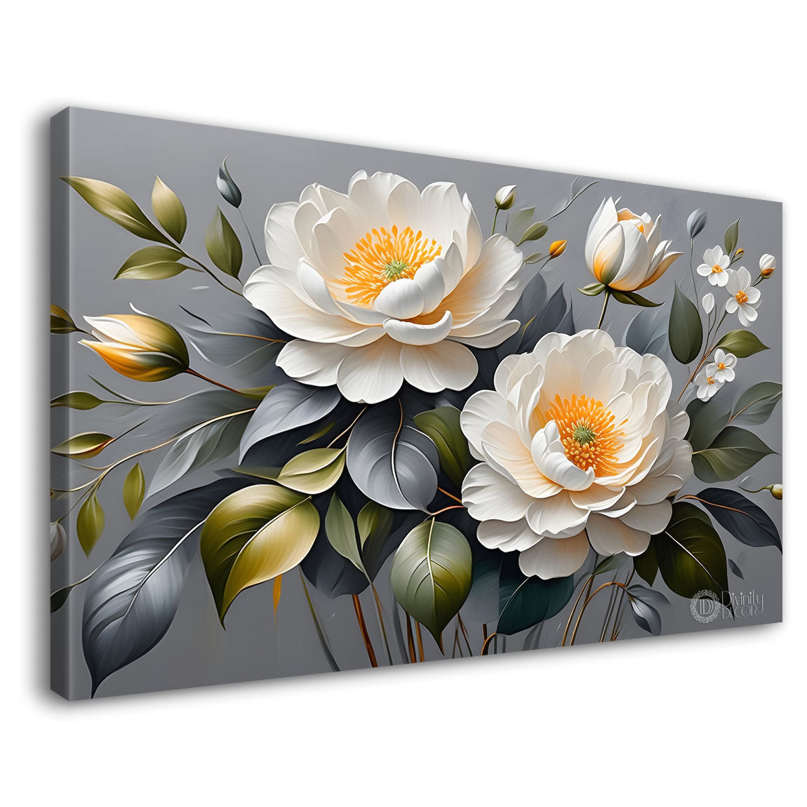 White flowers in grey background canvas painting- Flower-457