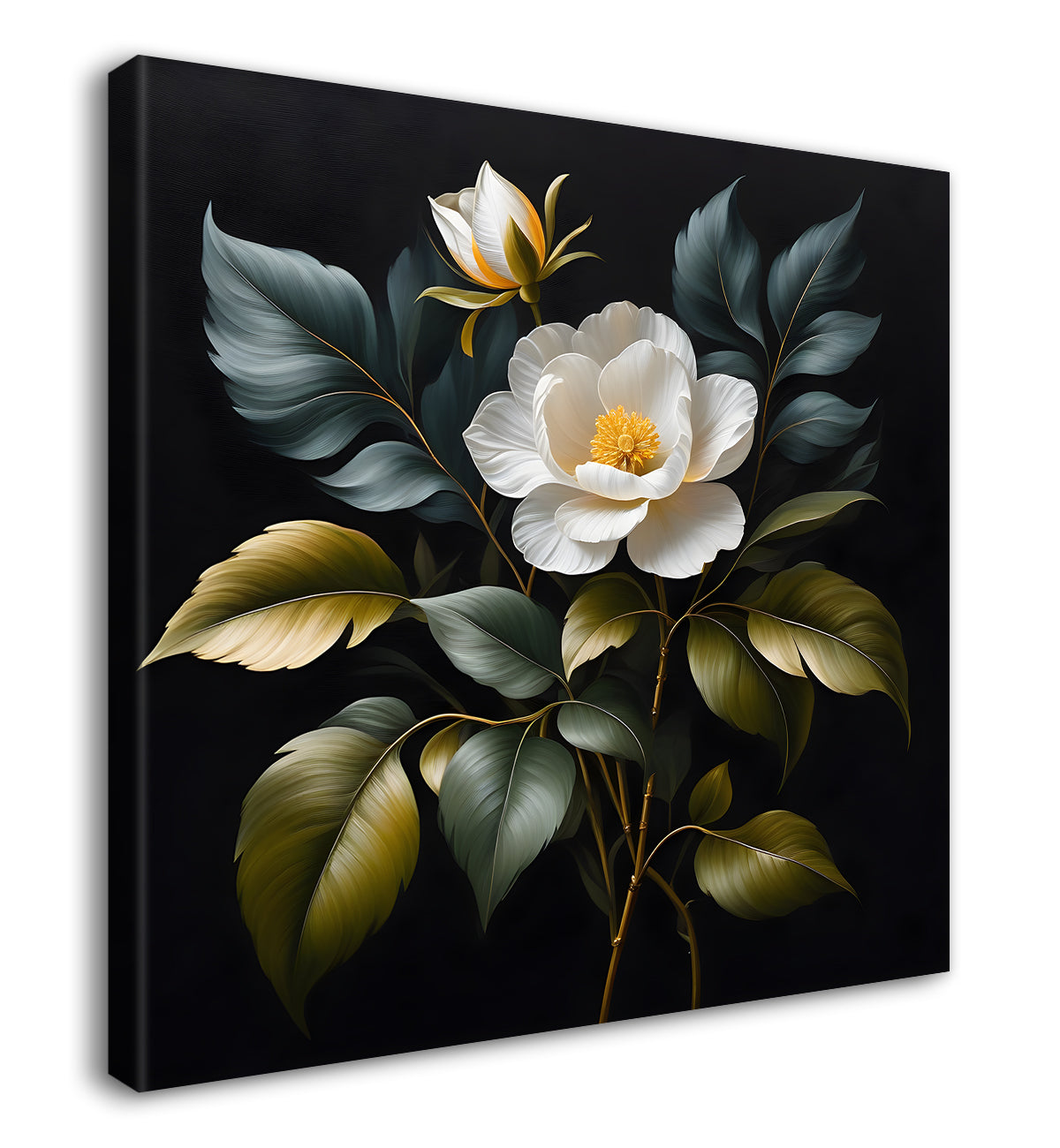 White flower in black textured oil painting - Flower-S-457