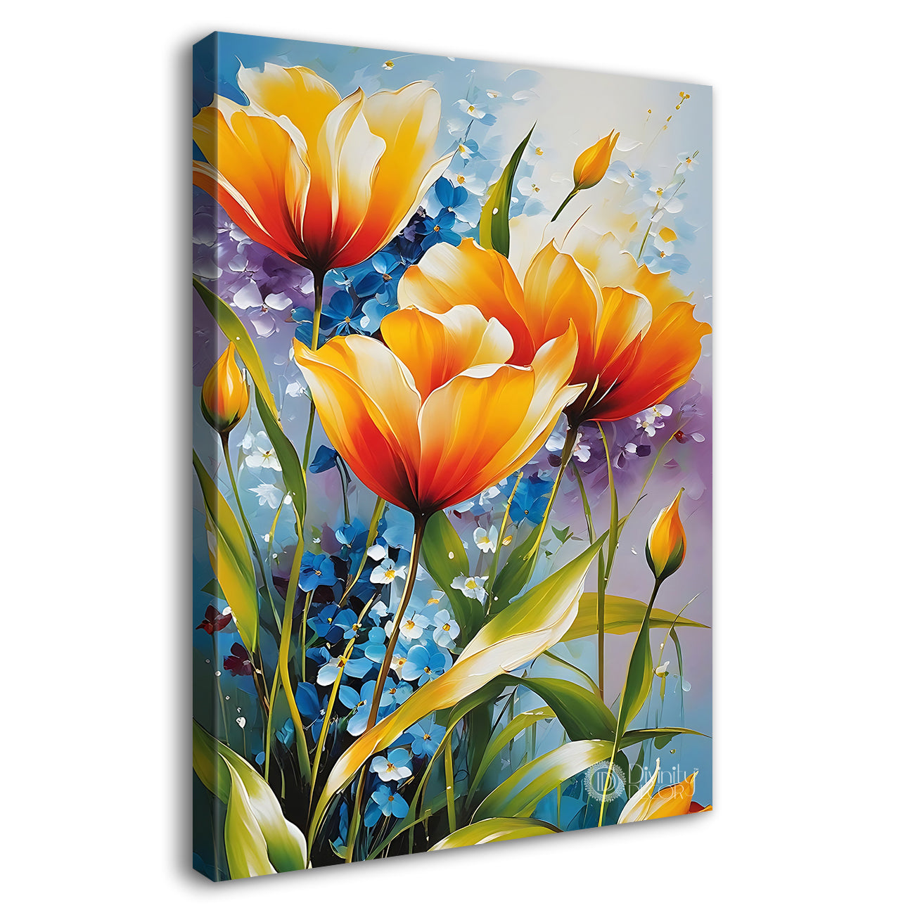 Orange flowers in sky blue textured painting - Flower-V-457