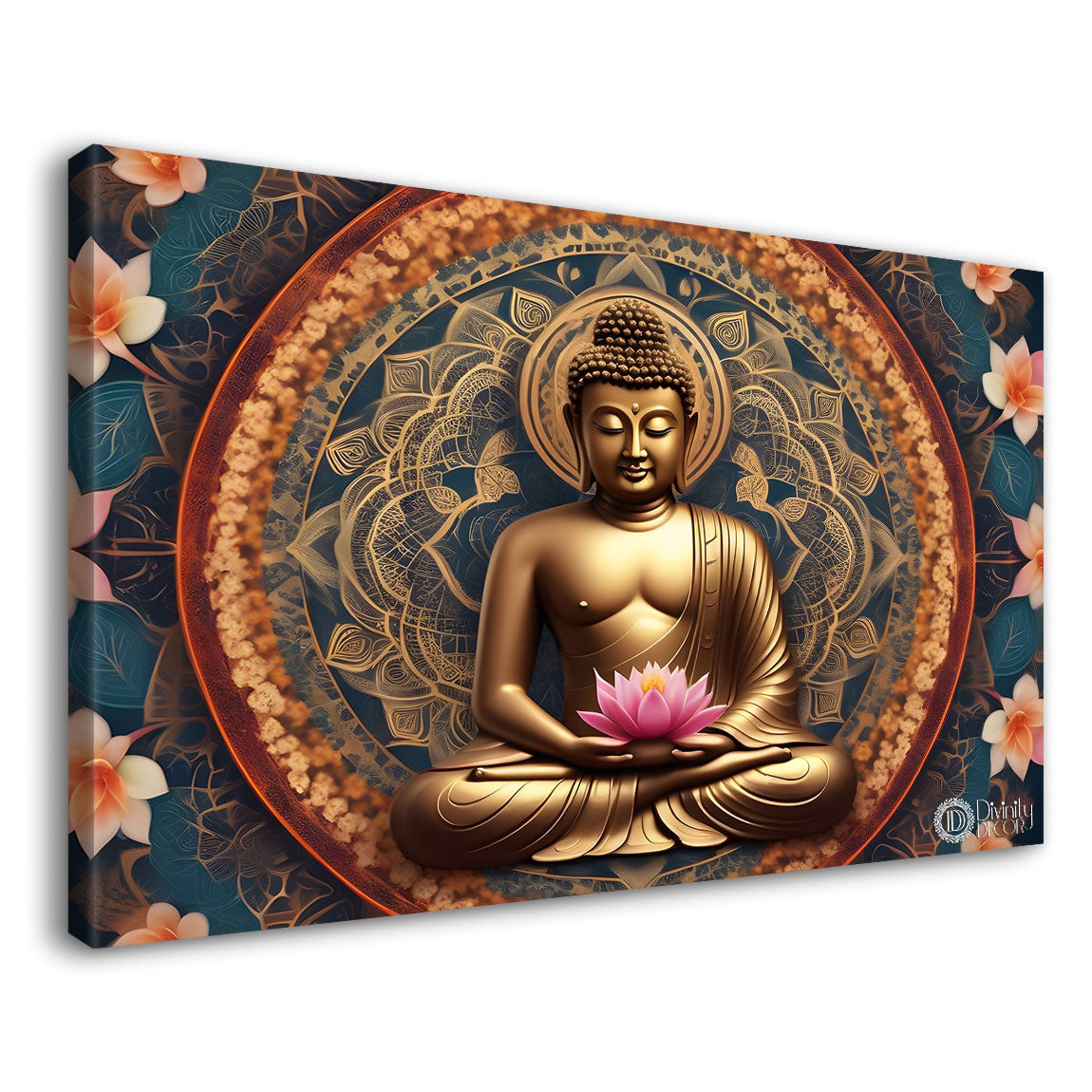 Golden buddha with orange flowers and chakra background textured painting Canvas Wall Painting - Buddha-458