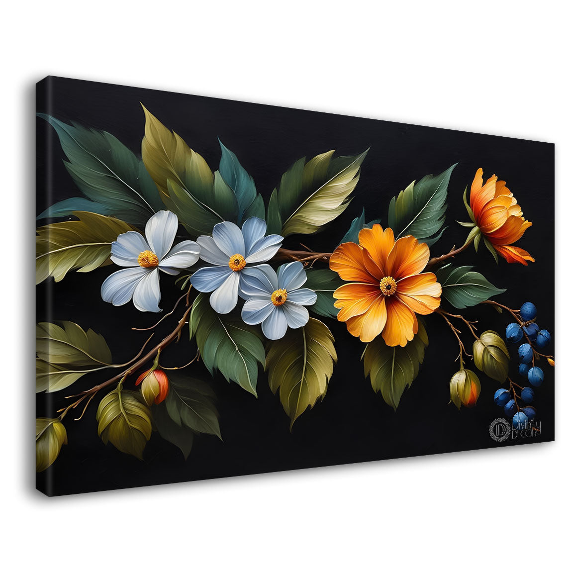 Orange flowers in black background canvas painting- Flower-458
